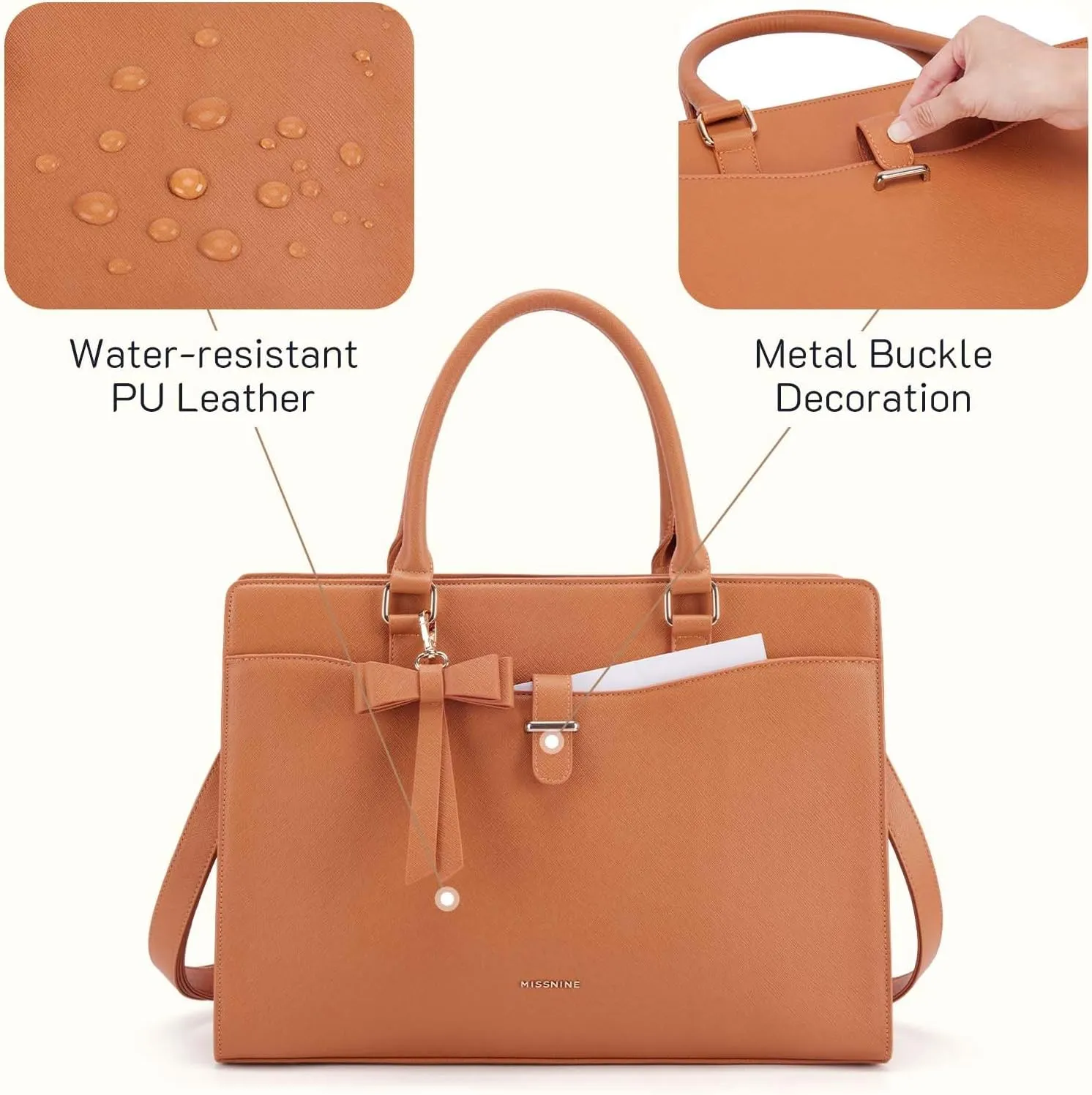 Missnine Laptop Tote Bag for Women 15.6 Inch Leather Work Bags Teacher Computer Purse Briefcase Handbag for Office, Travel