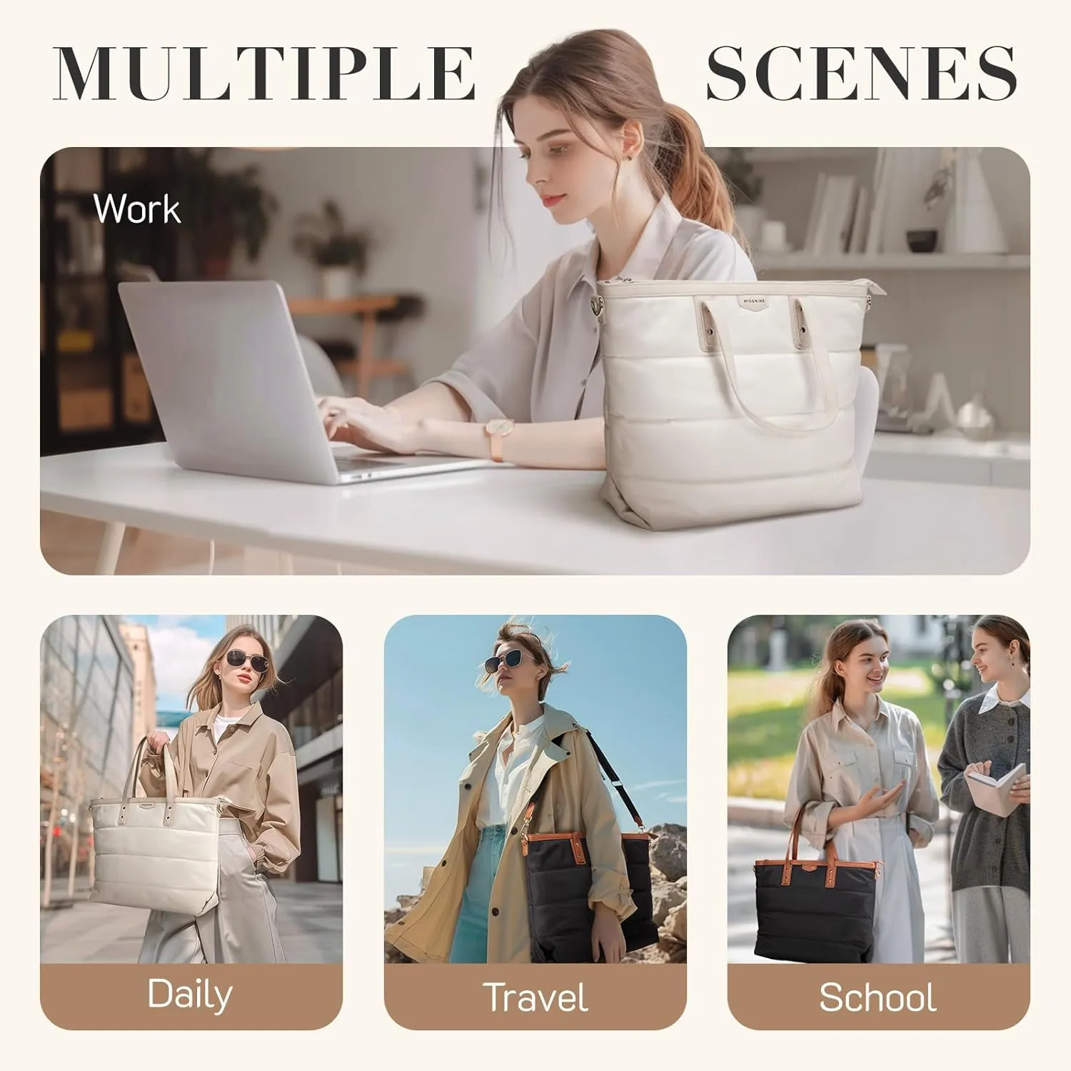 Missnine Tote Bag for Women 15.6 inch Laptop Bag Large Travel Tote Bag with Zipper, Quilted Puffer Handbags for Work