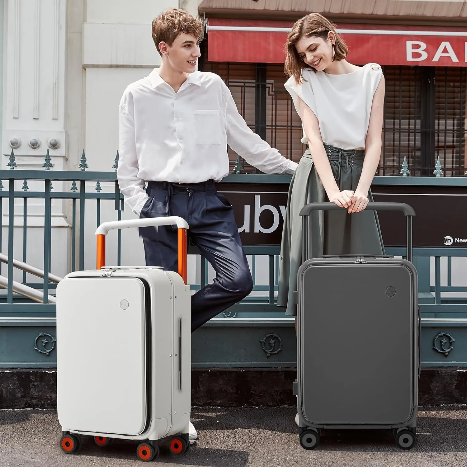 mixi Checked Luggage Wide Handle Luxury Design Rolling Travel Suitcase PC Hardside with Aluminum Frame Hollow Spinner Wheels, with Cover, 24 inch, Rock Grey