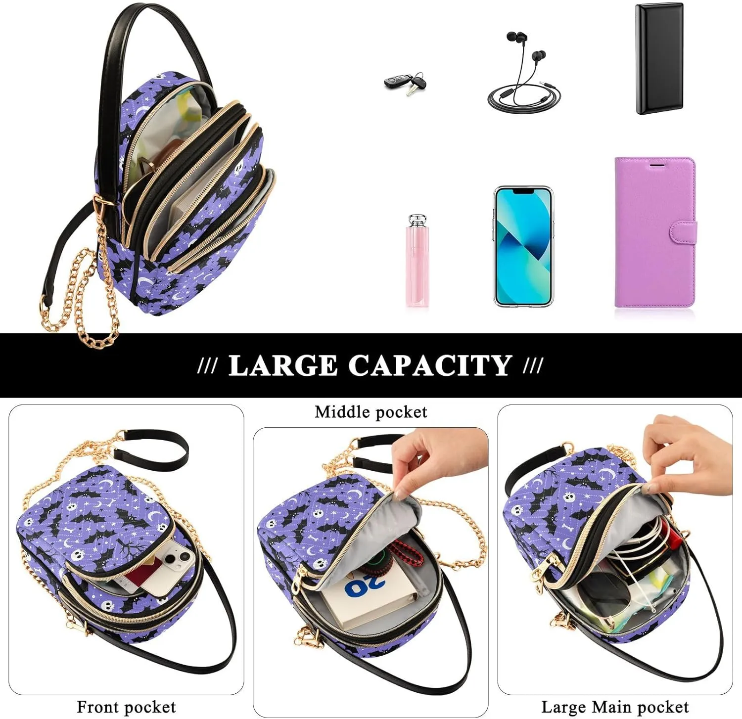 MNSRUU Quilted Crossbody Bags for Women Trendy, Women's Crossbody Handbags Goth Skull Travel Cell Phone Purses Bags