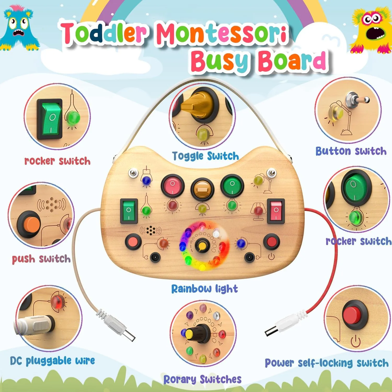 Montessori Busy Board for Baby, Busy Board for Toddlers Toys, Wooden Autism Sensory Toys with Animal Cards, Dinosaur Stickers, Toddler Educational Activity Travel Toys for Boys and Girls 1 