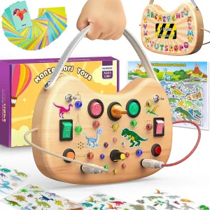 Montessori Busy Board for Baby, Busy Board for Toddlers Toys, Wooden Autism Sensory Toys with Animal Cards, Dinosaur Stickers, Toddler Educational Activity Travel Toys for Boys and Girls 1 