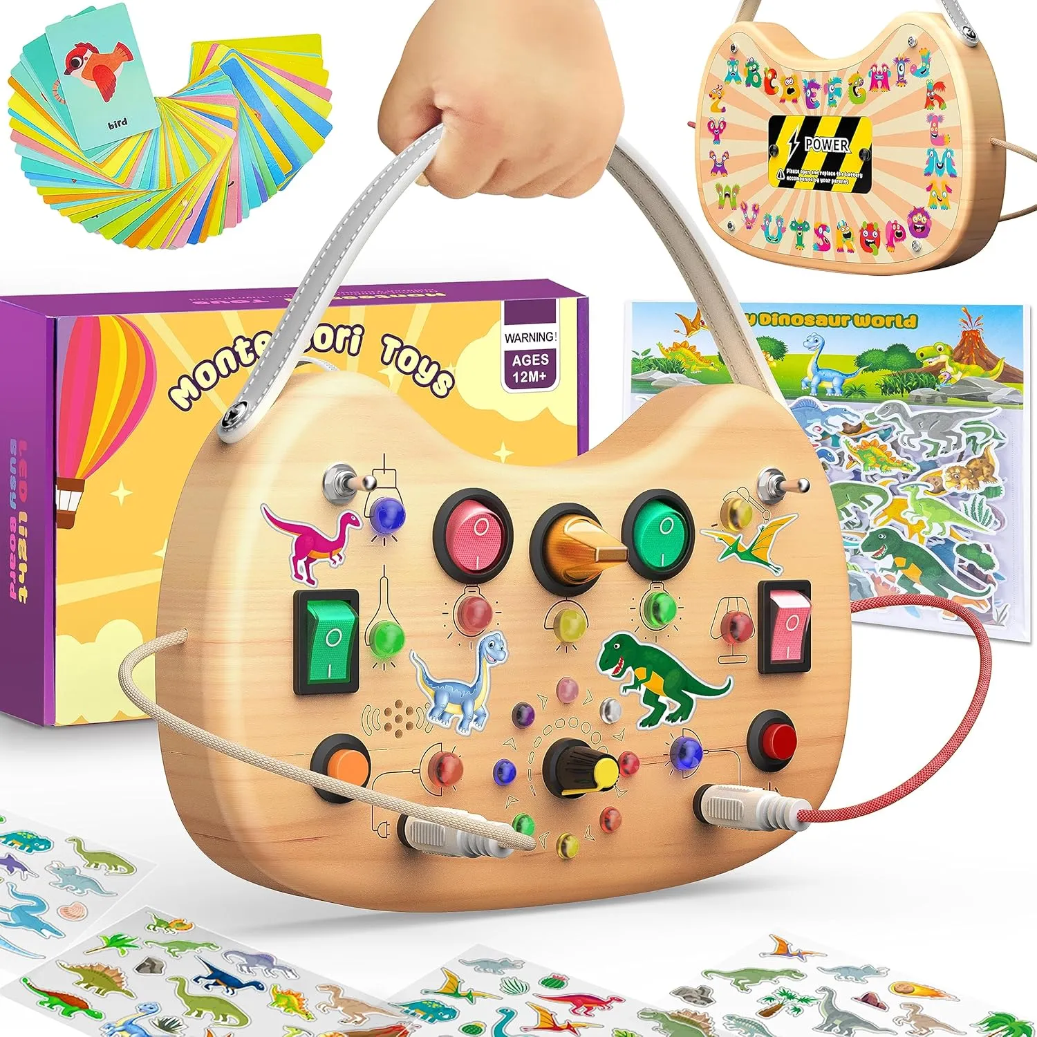 Montessori Busy Board for Baby, Busy Board for Toddlers Toys, Wooden Autism Sensory Toys with Animal Cards, Dinosaur Stickers, Toddler Educational Activity Travel Toys for Boys and Girls 1 