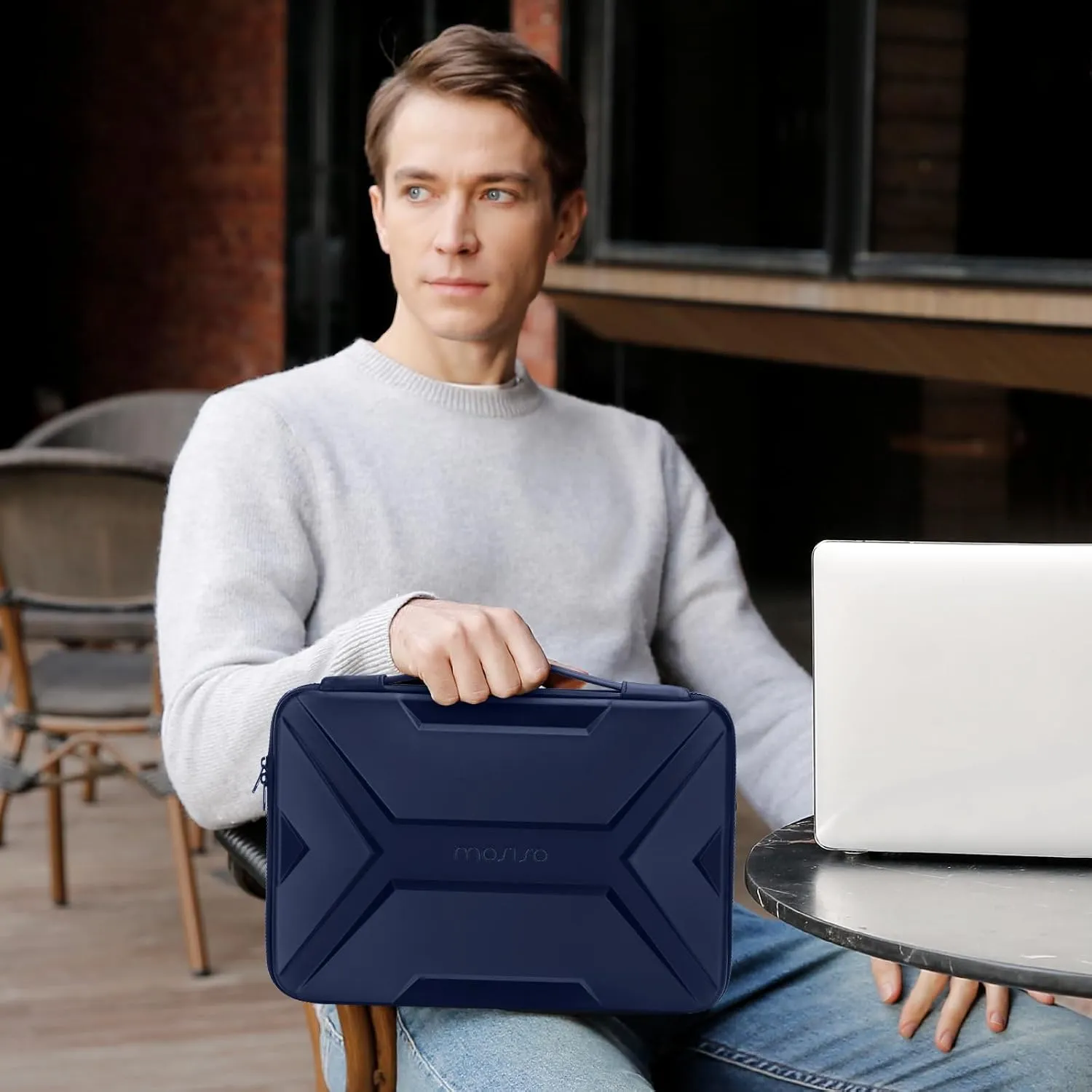 MOSISO 13-14 inch Laptop Hard Case, 13.3 inch Waterproof Shockproof Computer Bag Compatible with MacBook HP Dell,Artistic Geometric EVA Carrying Sleeve Laptop Case Hard Shell with Handle, Navy Blue