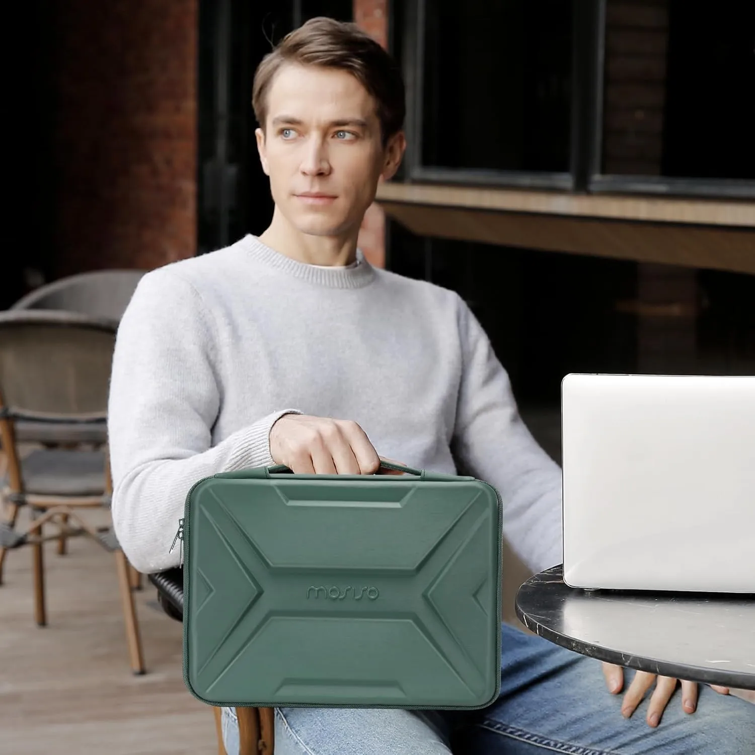 MOSISO 13-14 inch Laptop Hard Case, 13.3 inch Waterproof Shockproof Computer Bag Compatible with MacBook HP Dell,Artistic Geometric EVA Carrying Sleeve Laptop Case Hard Shell with Handle,Antique Green