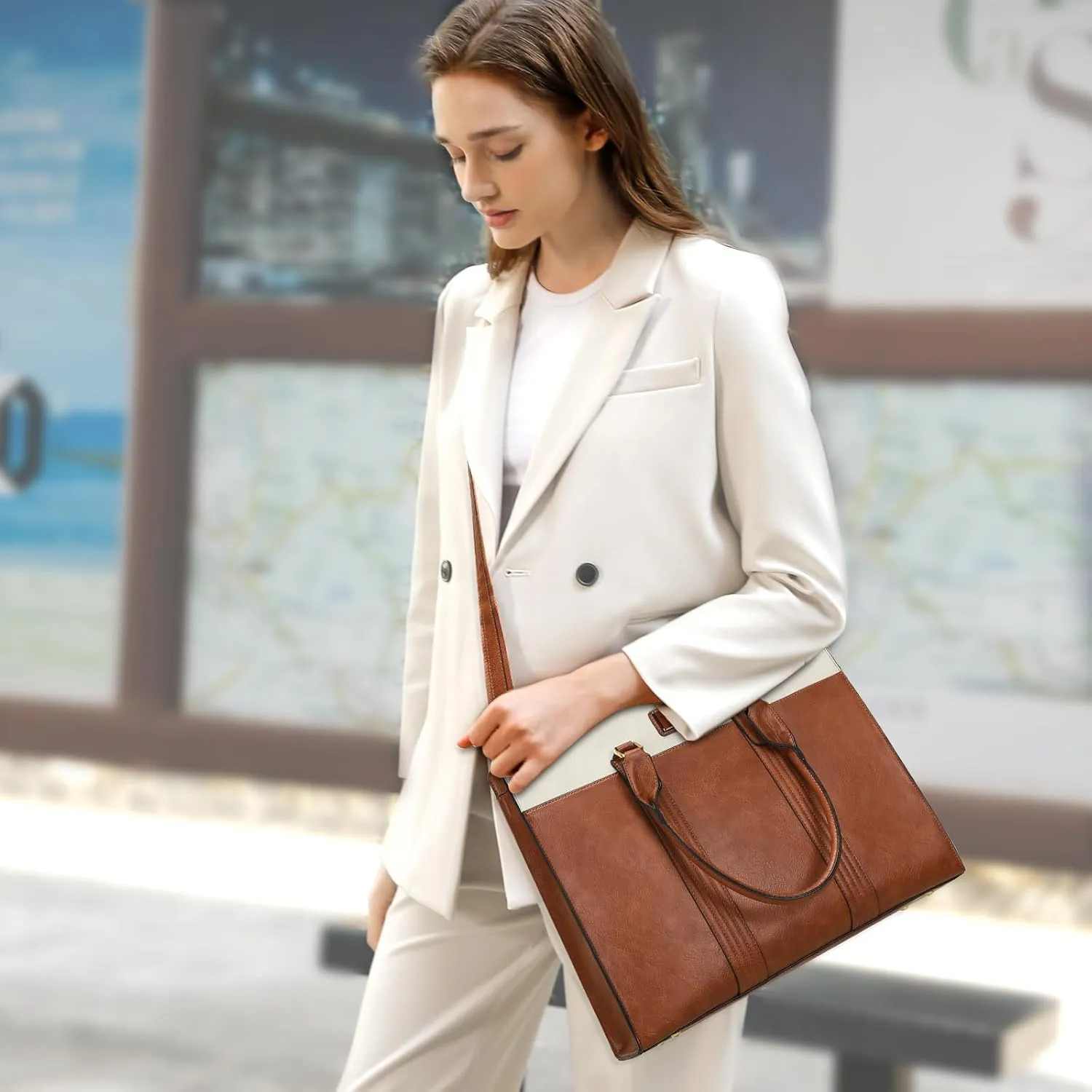MOSISO Laptop Bag, PU Leather Laptop Tote Work Bags, Large Capacity Double Vertical Stripes Computer Briefcase Waterproof Bag