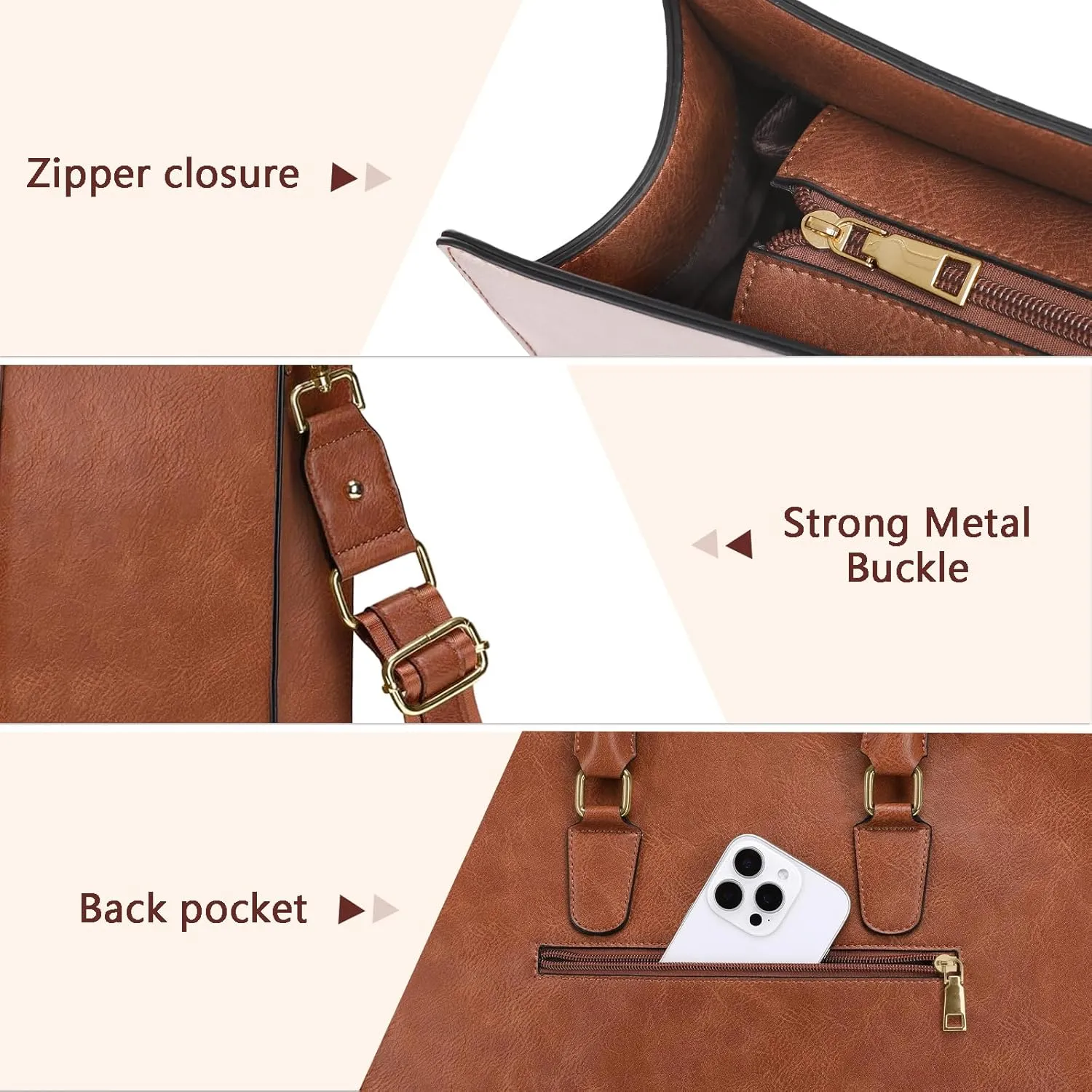 MOSISO Laptop Bag, PU Leather Laptop Tote Work Bags, Large Capacity Double Vertical Stripes Computer Briefcase Waterproof Bag