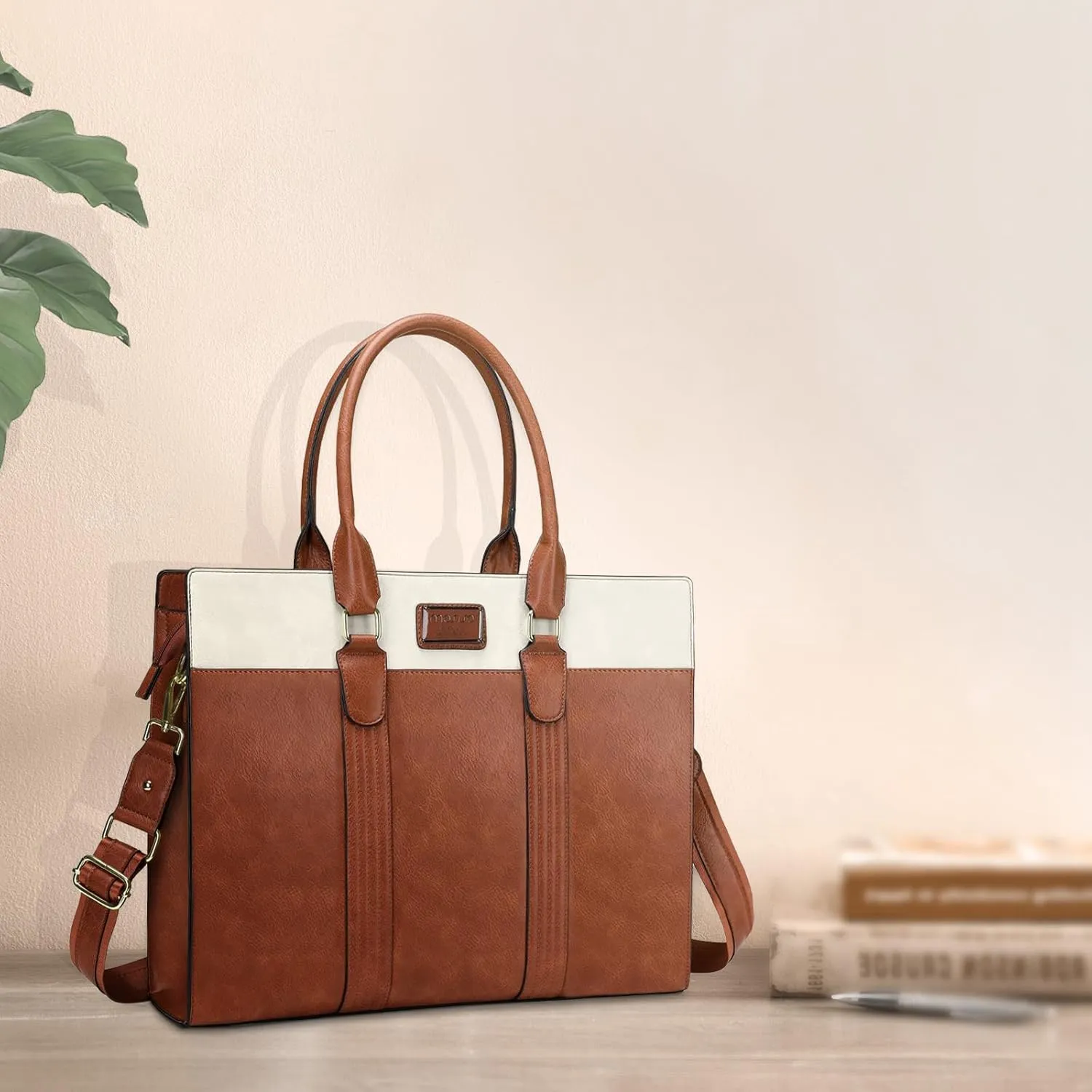 MOSISO Laptop Bag, PU Leather Laptop Tote Work Bags, Large Capacity Double Vertical Stripes Computer Briefcase Waterproof Bag