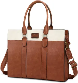 MOSISO Laptop Bag, PU Leather Laptop Tote Work Bags, Large Capacity Double Vertical Stripes Computer Briefcase Waterproof Bag