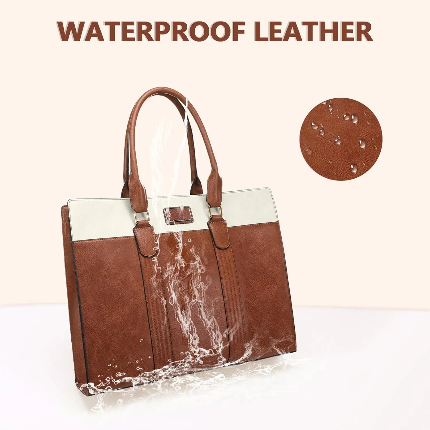 MOSISO Laptop Bag, PU Leather Laptop Tote Work Bags, Large Capacity Double Vertical Stripes Computer Briefcase Waterproof Bag
