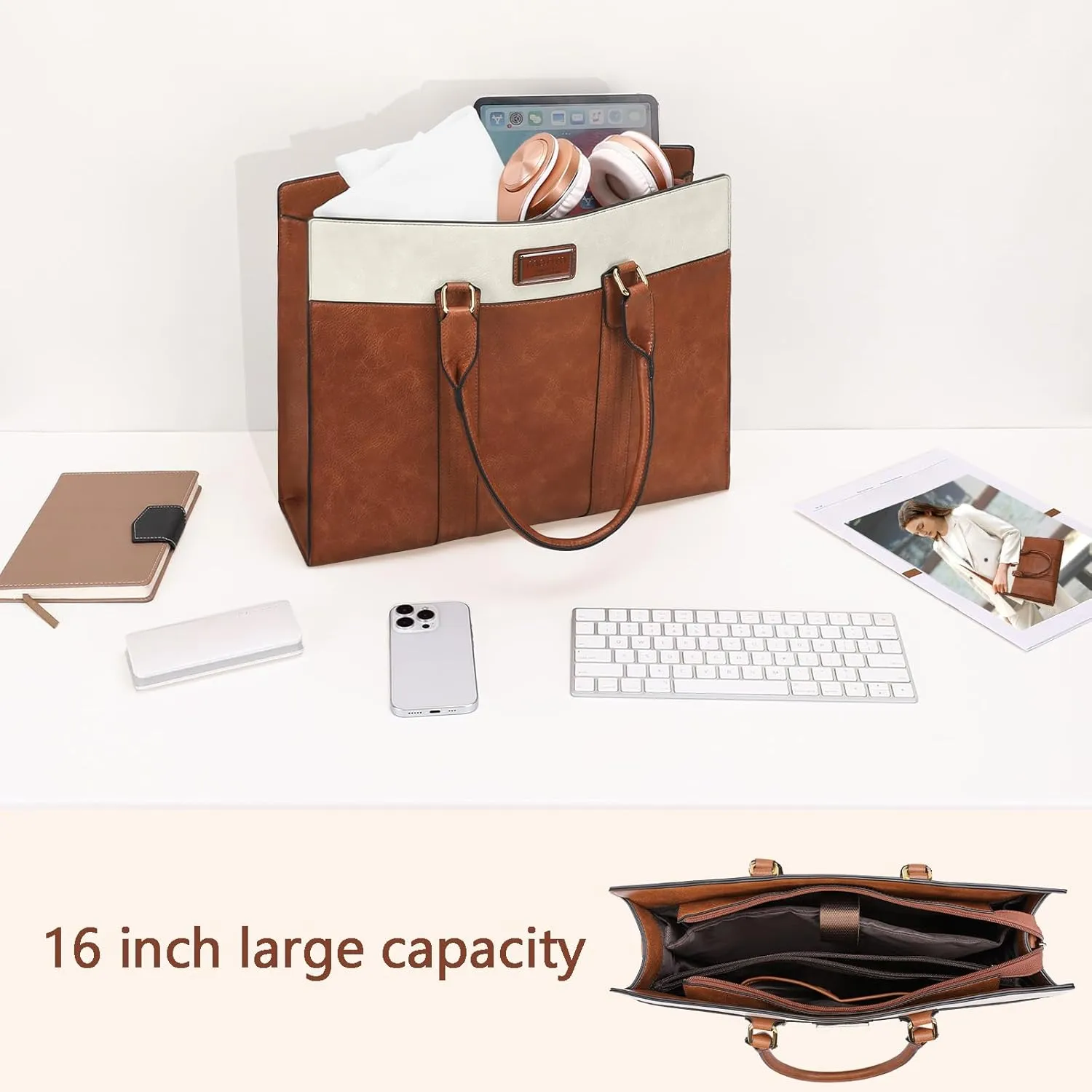 MOSISO Laptop Bag, PU Leather Laptop Tote Work Bags, Large Capacity Double Vertical Stripes Computer Briefcase Waterproof Bag