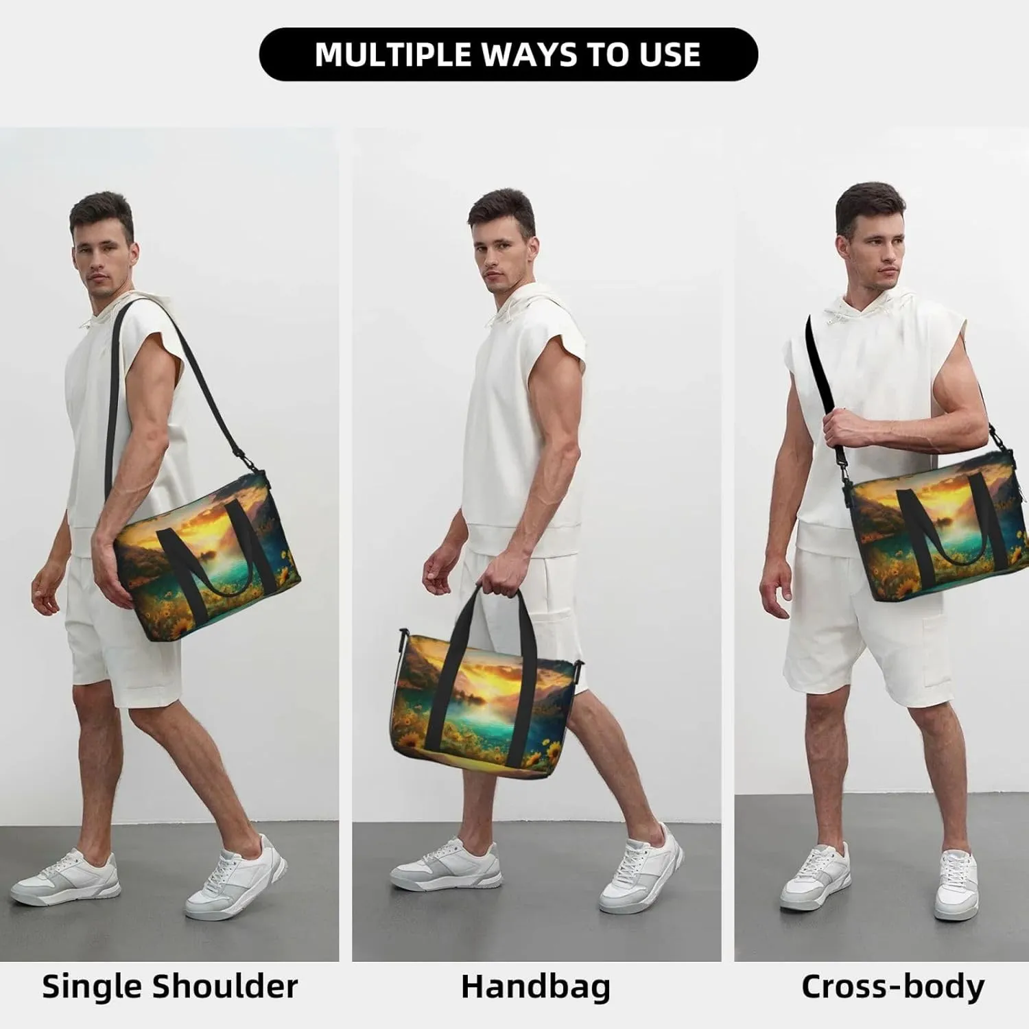 Mountain Landscape Travel Duffel Bags for Women Men, Sports Training Gym Bag Dance Bag with Adjustable Shoulder Strap Lake Sunflower Weekender Overnight Bag