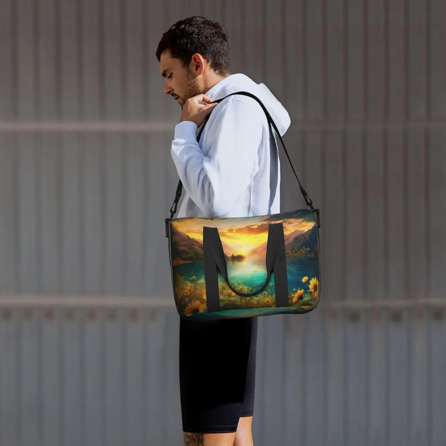 Mountain Landscape Travel Duffel Bags for Women Men, Sports Training Gym Bag Dance Bag with Adjustable Shoulder Strap Lake Sunflower Weekender Overnight Bag