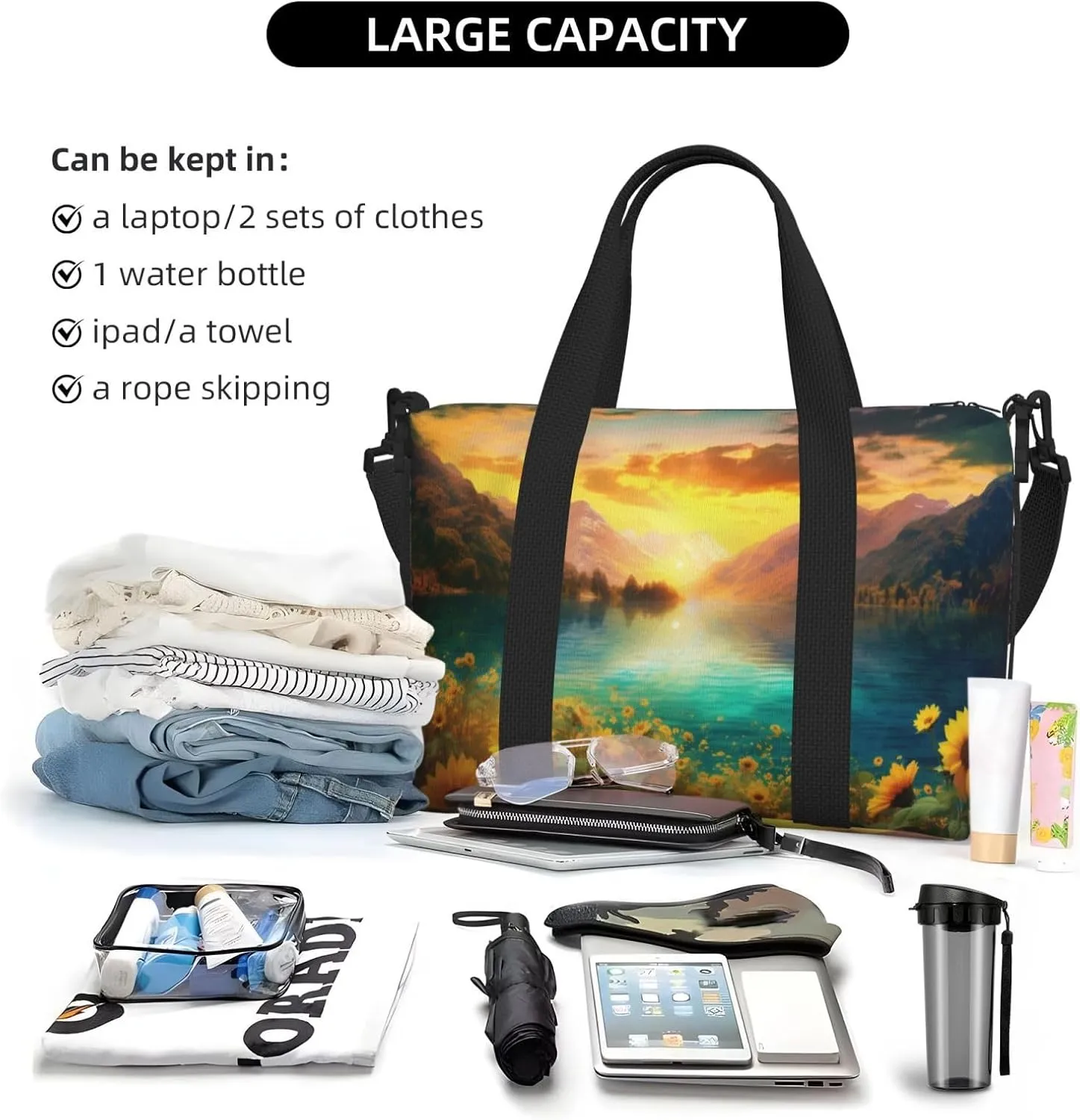 Mountain Landscape Travel Duffel Bags for Women Men, Sports Training Gym Bag Dance Bag with Adjustable Shoulder Strap Lake Sunflower Weekender Overnight Bag