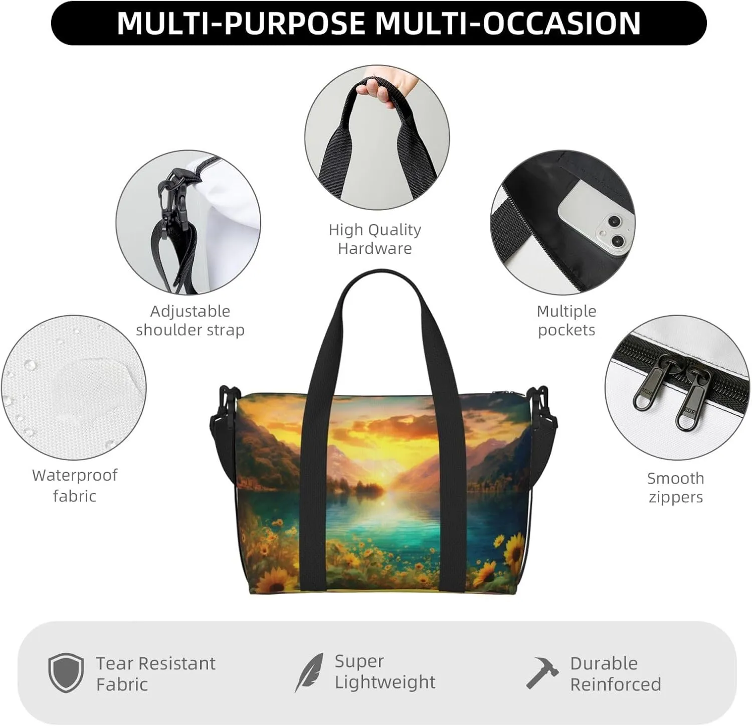Mountain Landscape Travel Duffel Bags for Women Men, Sports Training Gym Bag Dance Bag with Adjustable Shoulder Strap Lake Sunflower Weekender Overnight Bag