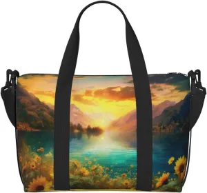 Mountain Landscape Travel Duffel Bags for Women Men, Sports Training Gym Bag Dance Bag with Adjustable Shoulder Strap Lake Sunflower Weekender Overnight Bag