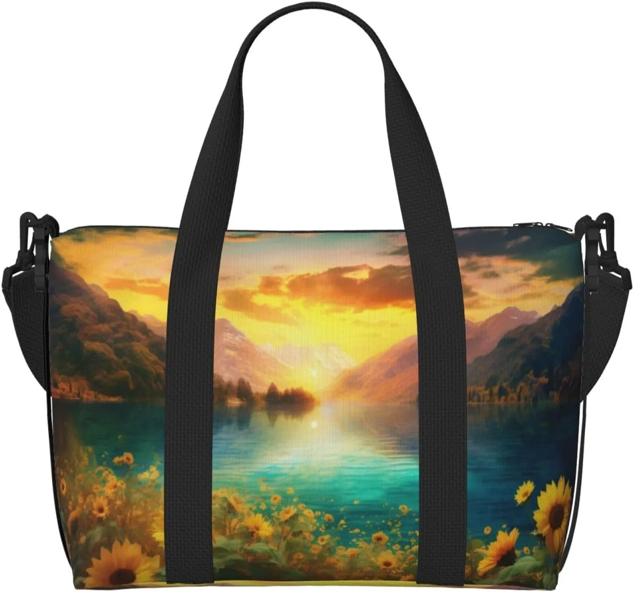Mountain Landscape Travel Duffel Bags for Women Men, Sports Training Gym Bag Dance Bag with Adjustable Shoulder Strap Lake Sunflower Weekender Overnight Bag
