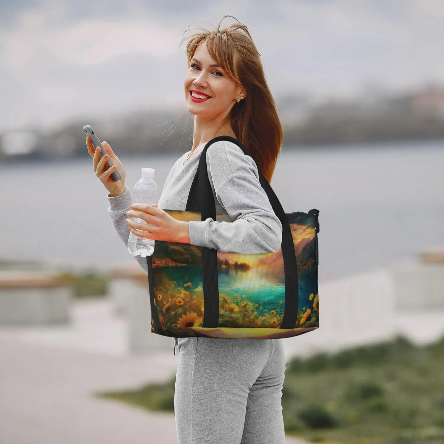 Mountain Landscape Travel Duffel Bags for Women Men, Sports Training Gym Bag Dance Bag with Adjustable Shoulder Strap Lake Sunflower Weekender Overnight Bag