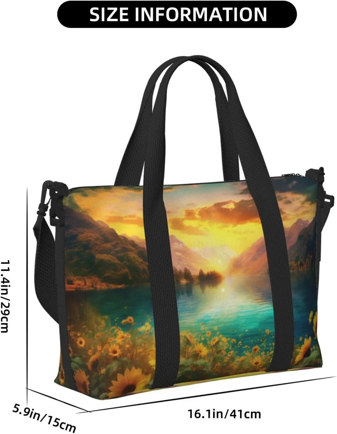 Mountain Landscape Travel Duffel Bags for Women Men, Sports Training Gym Bag Dance Bag with Adjustable Shoulder Strap Lake Sunflower Weekender Overnight Bag