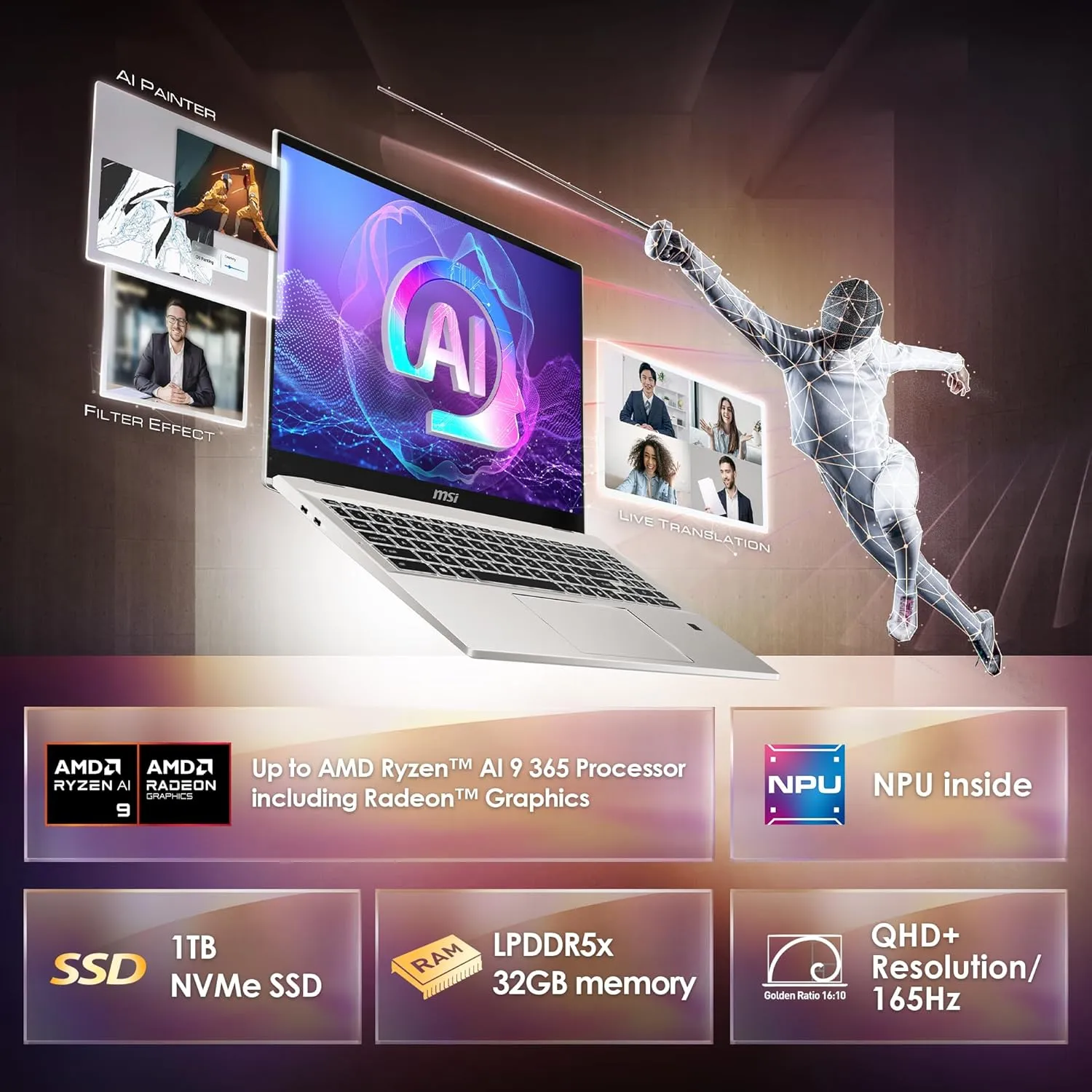 MSI Prestige A16 AI  (2024) 16” QHD  Business Laptop: AMD Ryzen AI 9-365, Radeon Graphics, 32GB LPDDR5x, 1TB NVMe SSD, Type-C, WiFi 7, Win 11 Home: Urban Silver A3HMG-016US