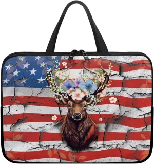 Mumeson American Flag with Deer Laptop Sleeve Bag for Teenagers Portable Laptop Case Carrying Bag Handbag Soft Portable Laptop Cover Bag Waterproof Tablet Briefcase