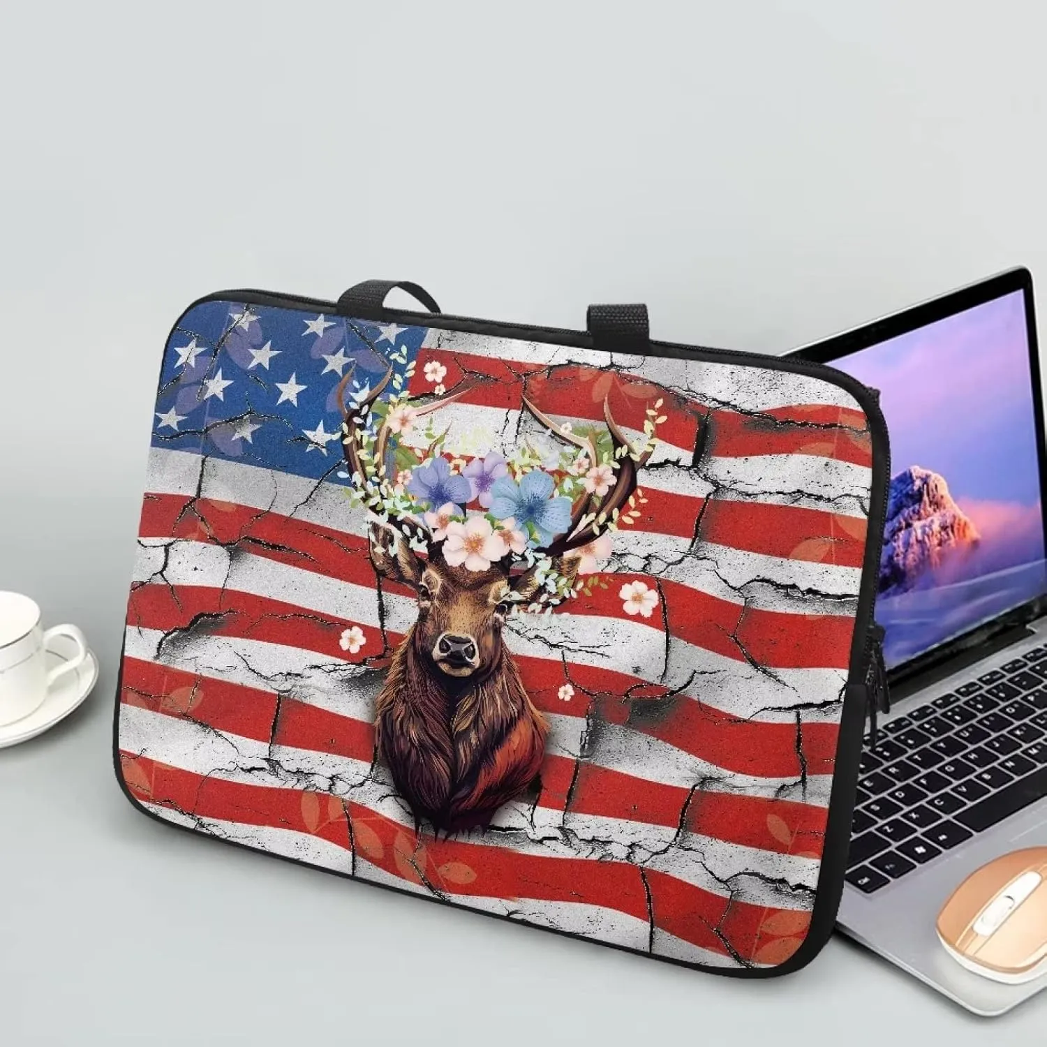 Mumeson American Flag with Deer Laptop Sleeve Bag for Teenagers Portable Laptop Case Carrying Bag Handbag Soft Portable Laptop Cover Bag Waterproof Tablet Briefcase
