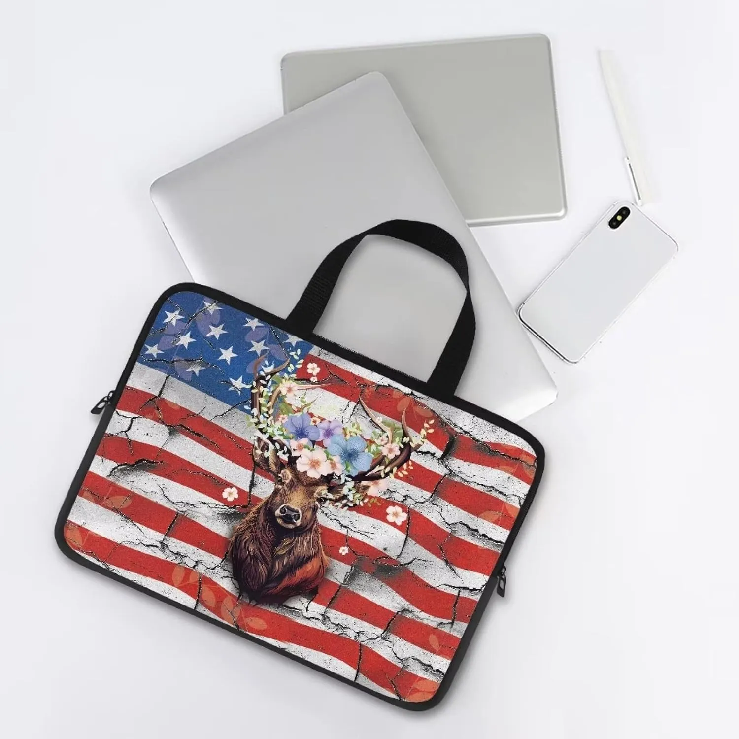 Mumeson American Flag with Deer Laptop Sleeve Bag for Teenagers Portable Laptop Case Carrying Bag Handbag Soft Portable Laptop Cover Bag Waterproof Tablet Briefcase