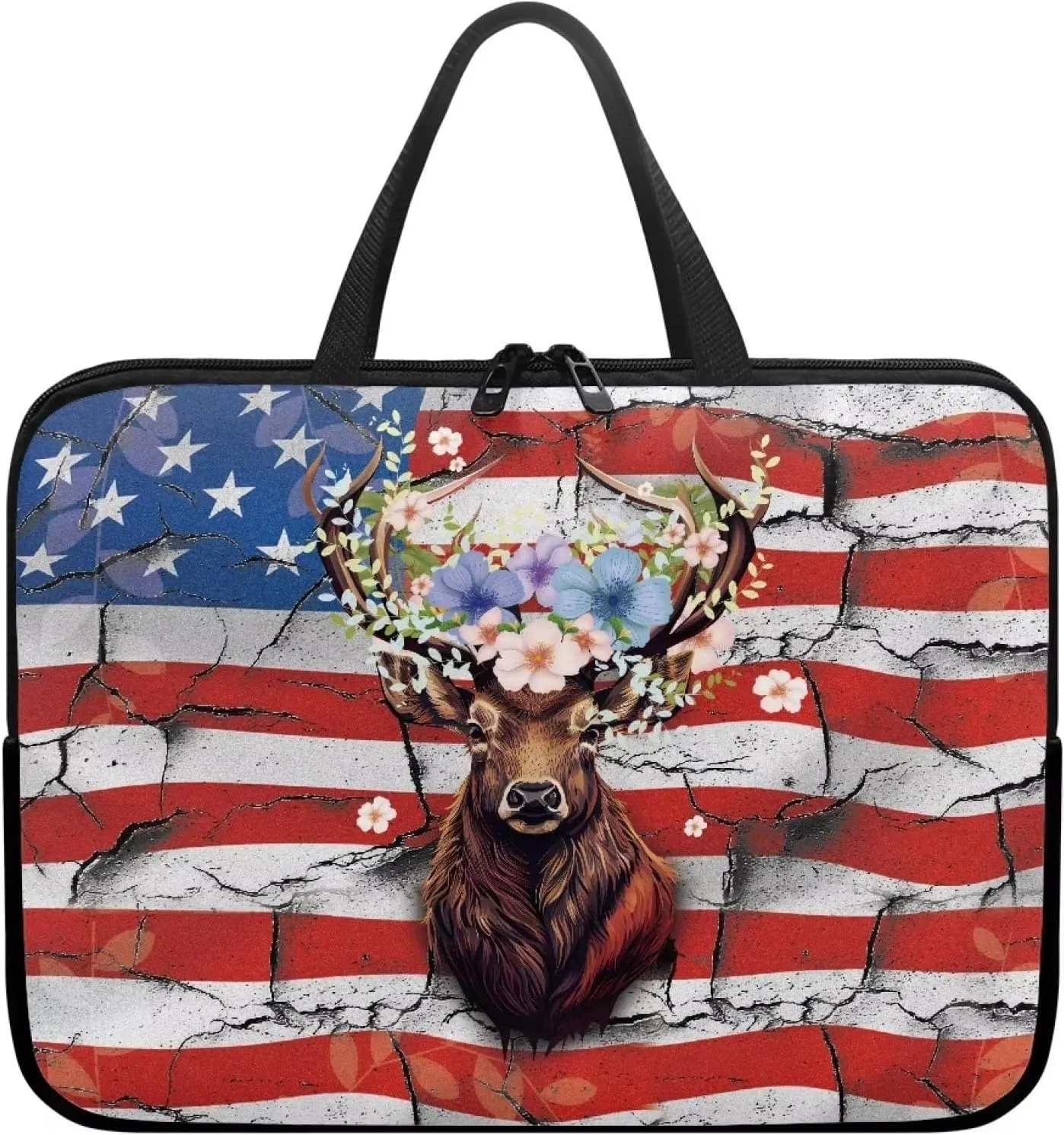 Mumeson American Flag with Deer Laptop Sleeve Bag for Teenagers Portable Laptop Case Carrying Bag Handbag Soft Portable Laptop Cover Bag Waterproof Tablet Briefcase
