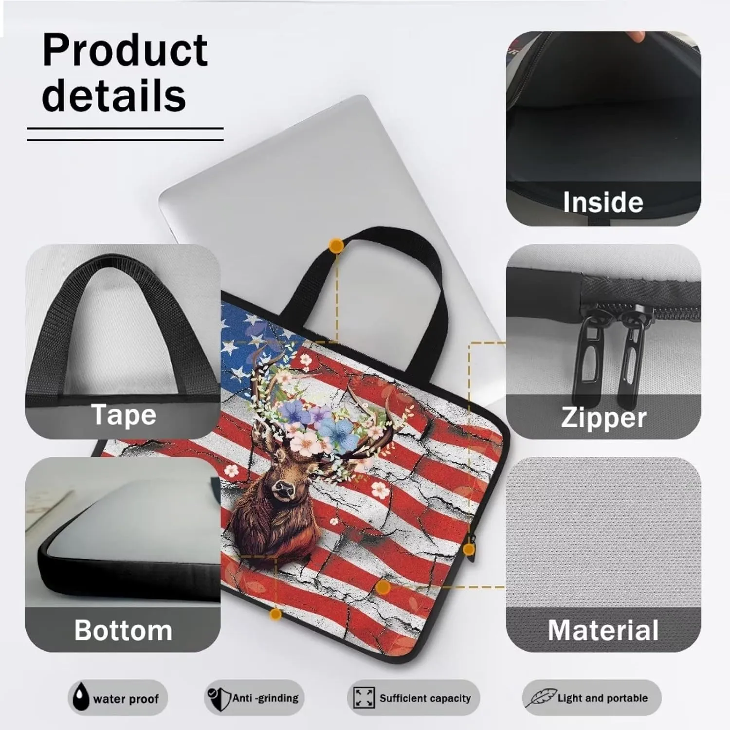 Mumeson American Flag with Deer Laptop Sleeve Bag for Teenagers Portable Laptop Case Carrying Bag Handbag Soft Portable Laptop Cover Bag Waterproof Tablet Briefcase