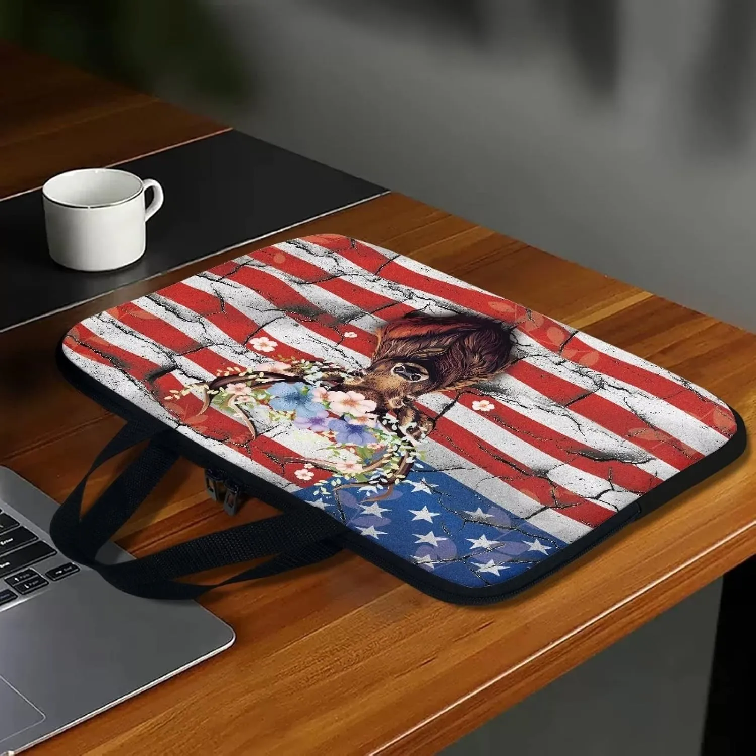 Mumeson American Flag with Deer Laptop Sleeve Bag for Teenagers Portable Laptop Case Carrying Bag Handbag Soft Portable Laptop Cover Bag Waterproof Tablet Briefcase