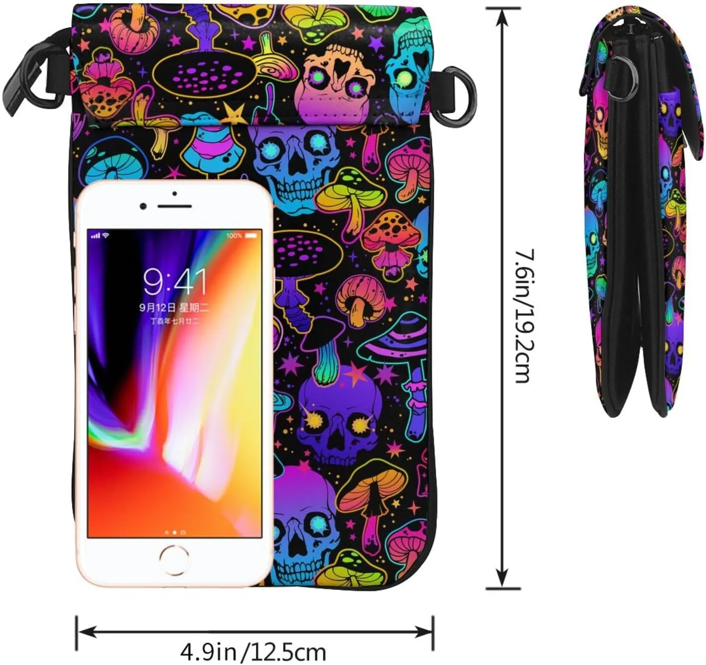 Mushrooms Skulls Leather Small Crossbody Bags for Women Cell Phone Purse Wallet Adjustable Strap