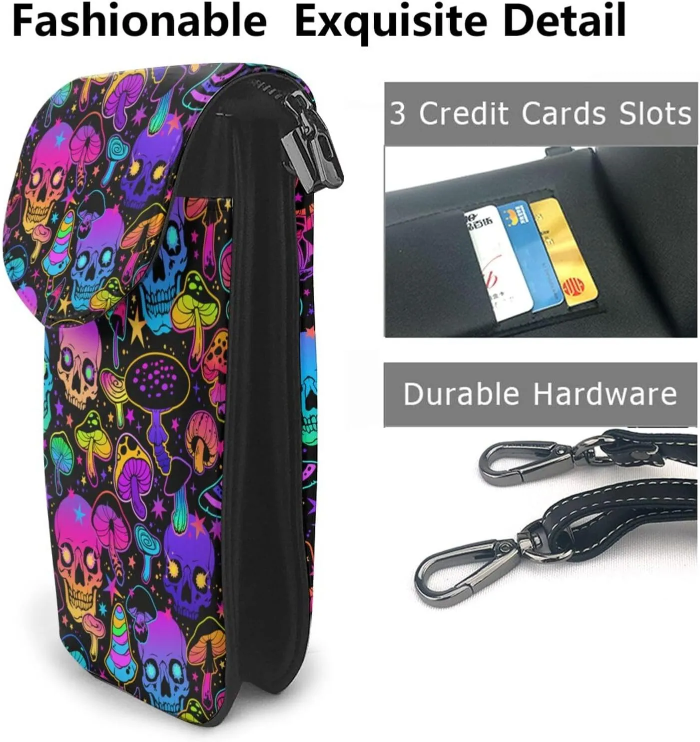 Mushrooms Skulls Leather Small Crossbody Bags for Women Cell Phone Purse Wallet Adjustable Strap