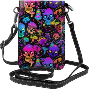 Mushrooms Skulls Leather Small Crossbody Bags for Women Cell Phone Purse Wallet Adjustable Strap