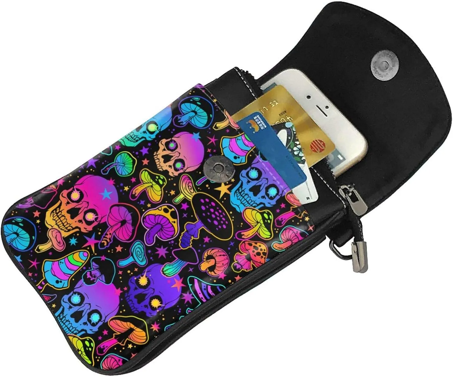 Mushrooms Skulls Leather Small Crossbody Bags for Women Cell Phone Purse Wallet Adjustable Strap