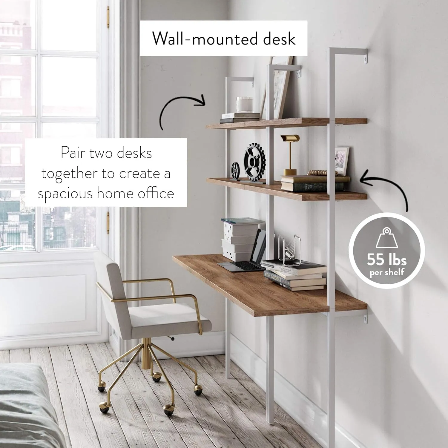 Nathan James Theo 2-Shelf Industrial Wall Mount Ladder, Small Computer or Writing Desk, Rustic Oak/White