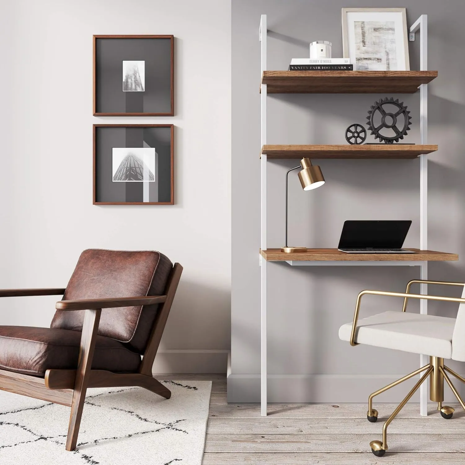 Nathan James Theo 2-Shelf Industrial Wall Mount Ladder, Small Computer or Writing Desk, Rustic Oak/White