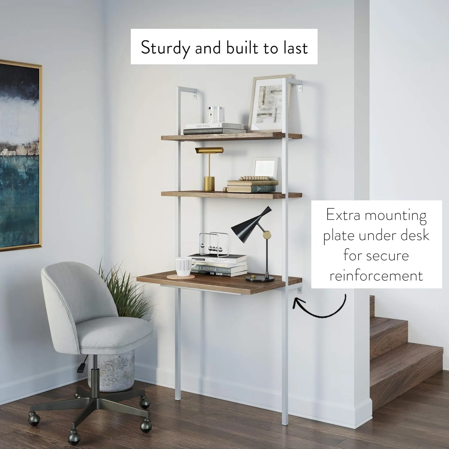 Nathan James Theo 2-Shelf Industrial Wall Mount Ladder, Small Computer or Writing Desk, Rustic Oak/White