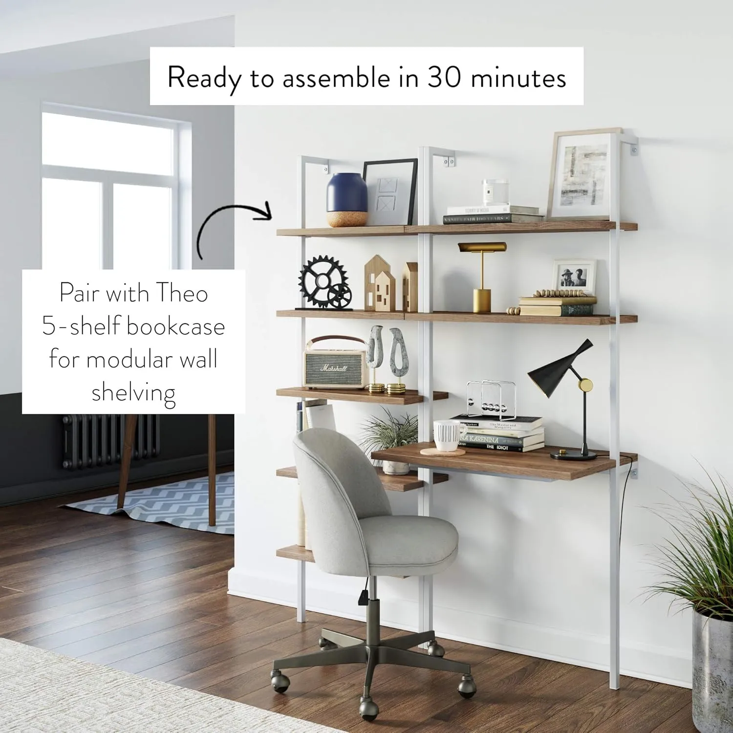 Nathan James Theo 2-Shelf Industrial Wall Mount Ladder, Small Computer or Writing Desk, Rustic Oak/White