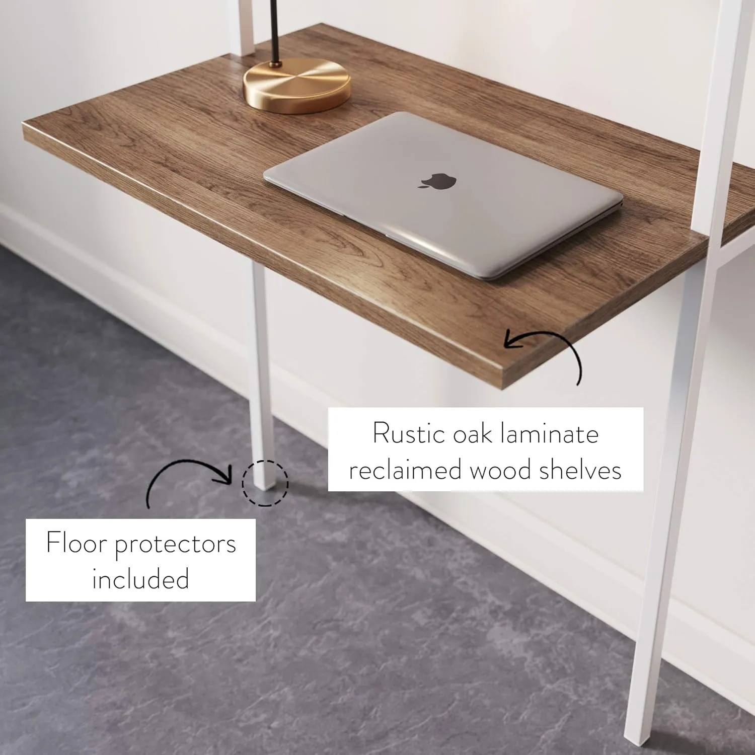 Nathan James Theo 2-Shelf Industrial Wall Mount Ladder, Small Computer or Writing Desk, Rustic Oak/White