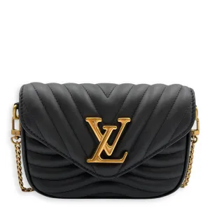 New Wave Multi Pochette Black Crossbody Bag in Calfskin, Gold hardware