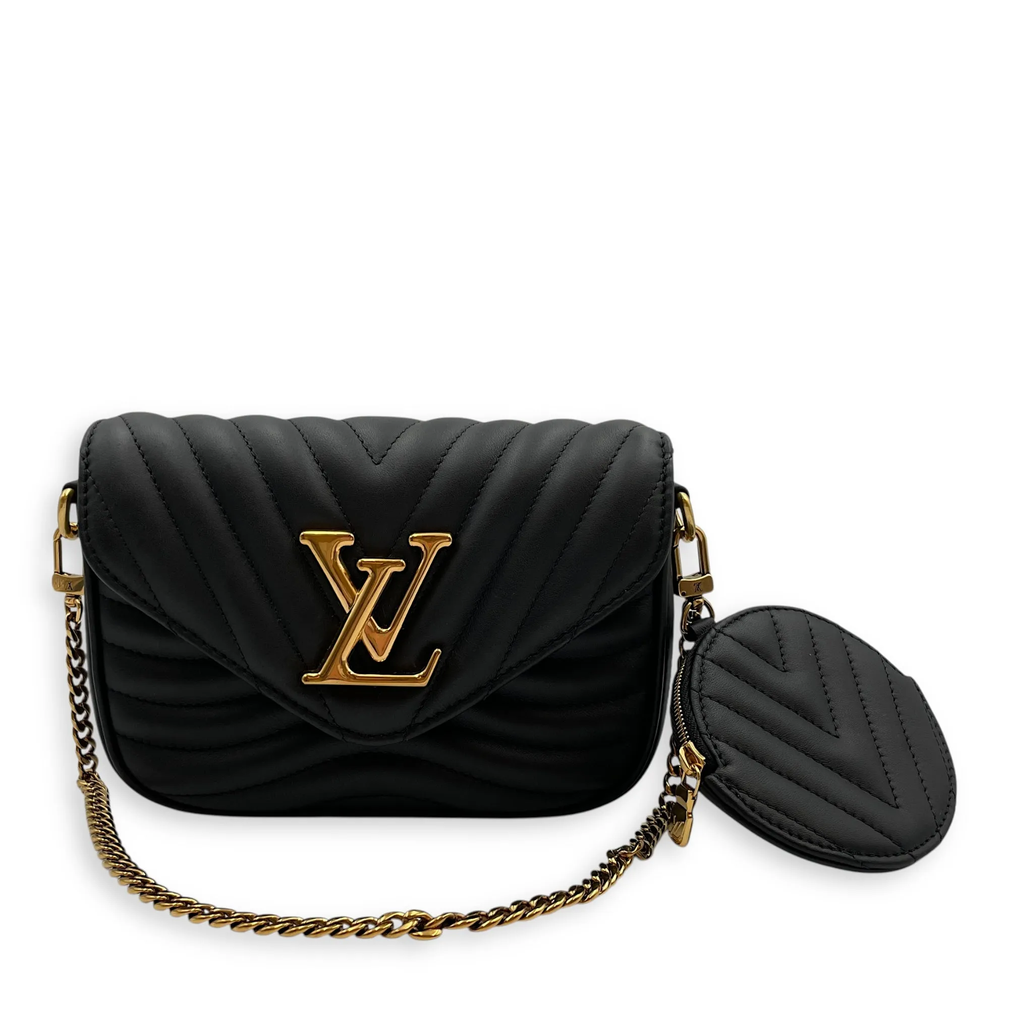 New Wave Multi Pochette Black Crossbody Bag in Calfskin, Gold hardware