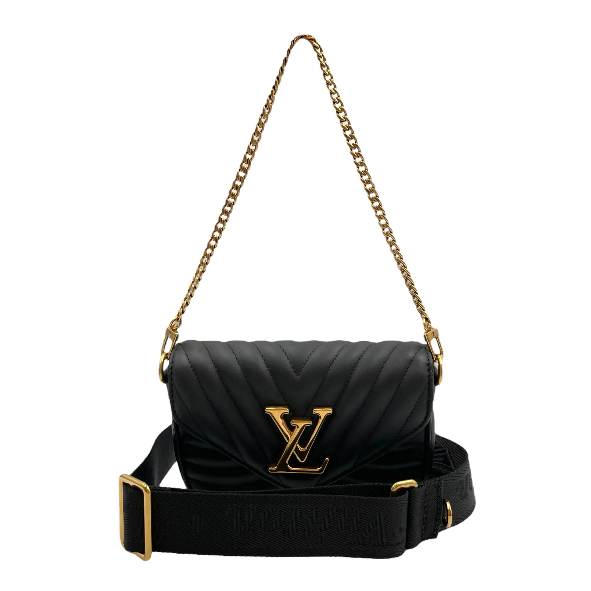 New Wave Multi Pochette Black Crossbody Bag in Calfskin, Gold hardware