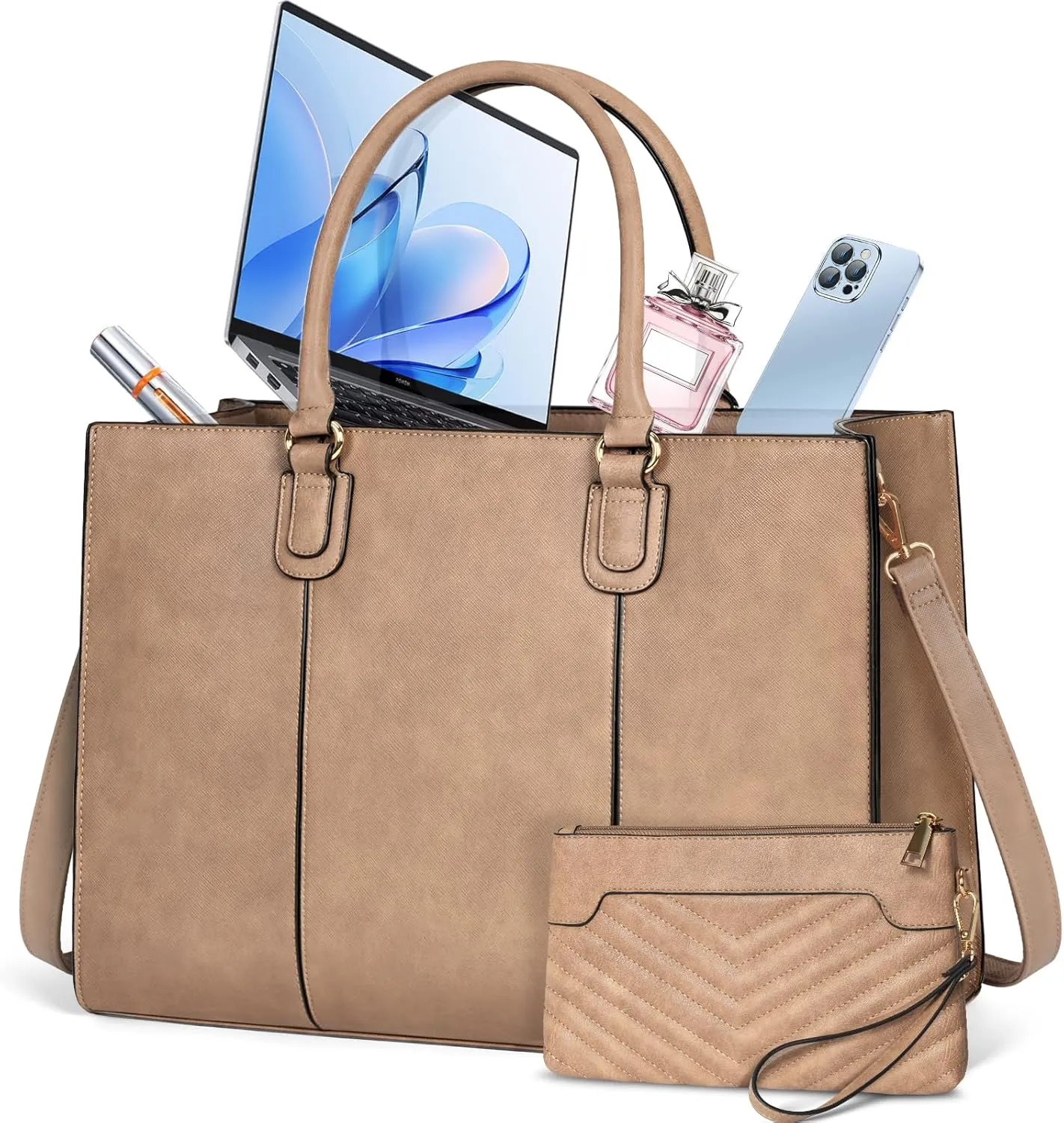 NEWHEY Laptop Bag for Women 15.6 Inch Work Tote Bags Leather Computer Bag with Clutch Purse Professional Office Briefcase Waterproof Shoulder Handbag for Business Travel College, Khaki