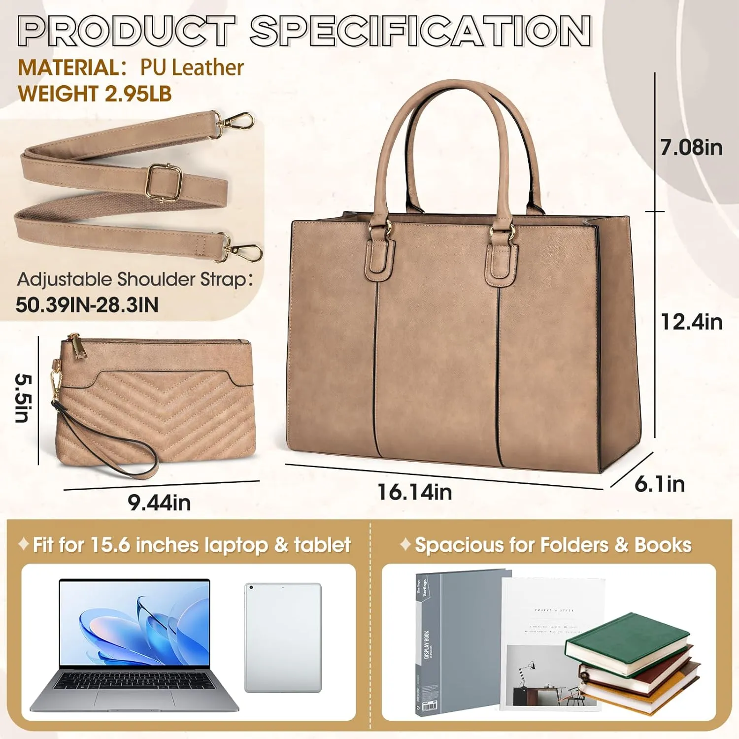 NEWHEY Laptop Bag for Women 15.6 Inch Work Tote Bags Leather Computer Bag with Clutch Purse Professional Office Briefcase Waterproof Shoulder Handbag for Business Travel College, Khaki
