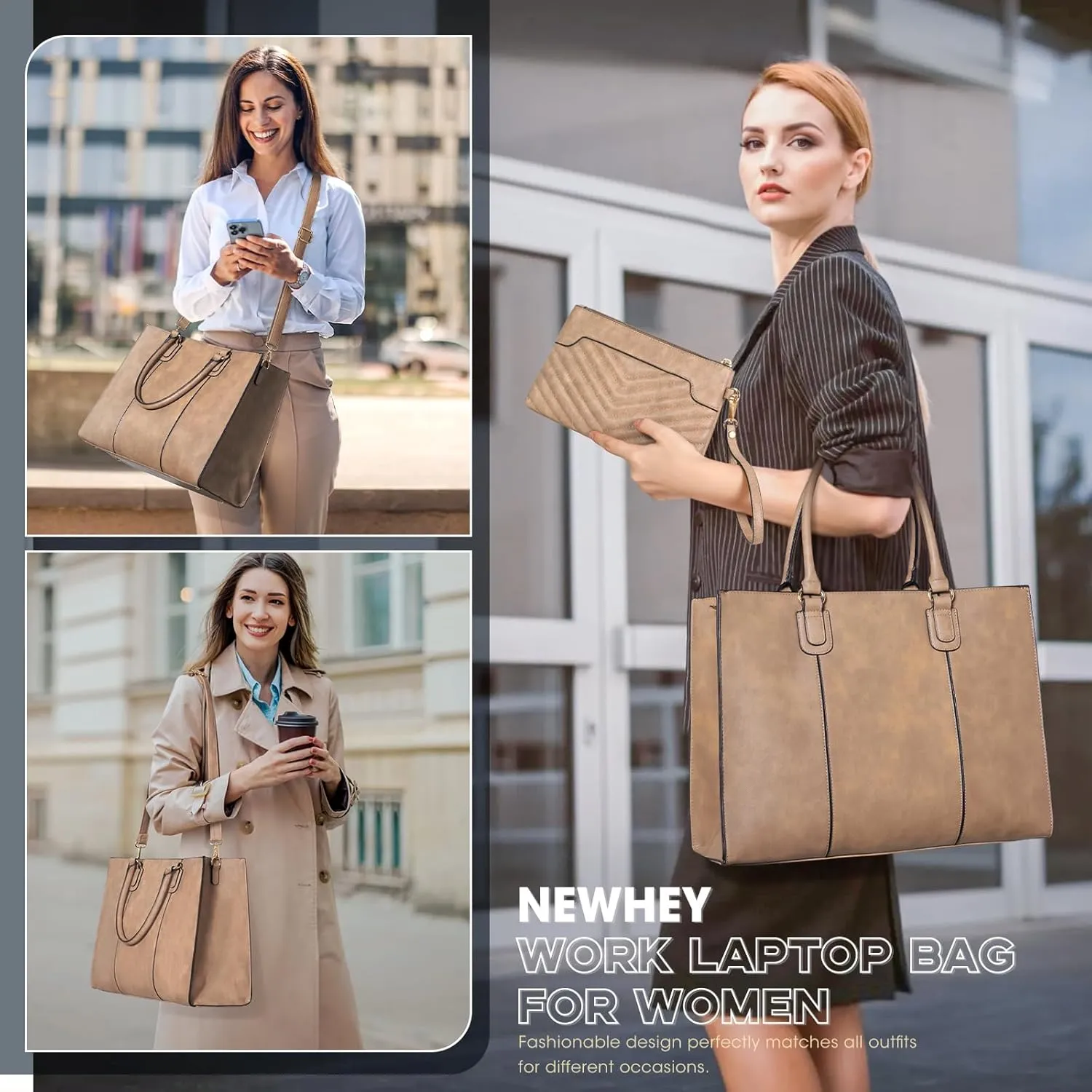 NEWHEY Laptop Bag for Women 15.6 Inch Work Tote Bags Leather Computer Bag with Clutch Purse Professional Office Briefcase Waterproof Shoulder Handbag for Business Travel College, Khaki