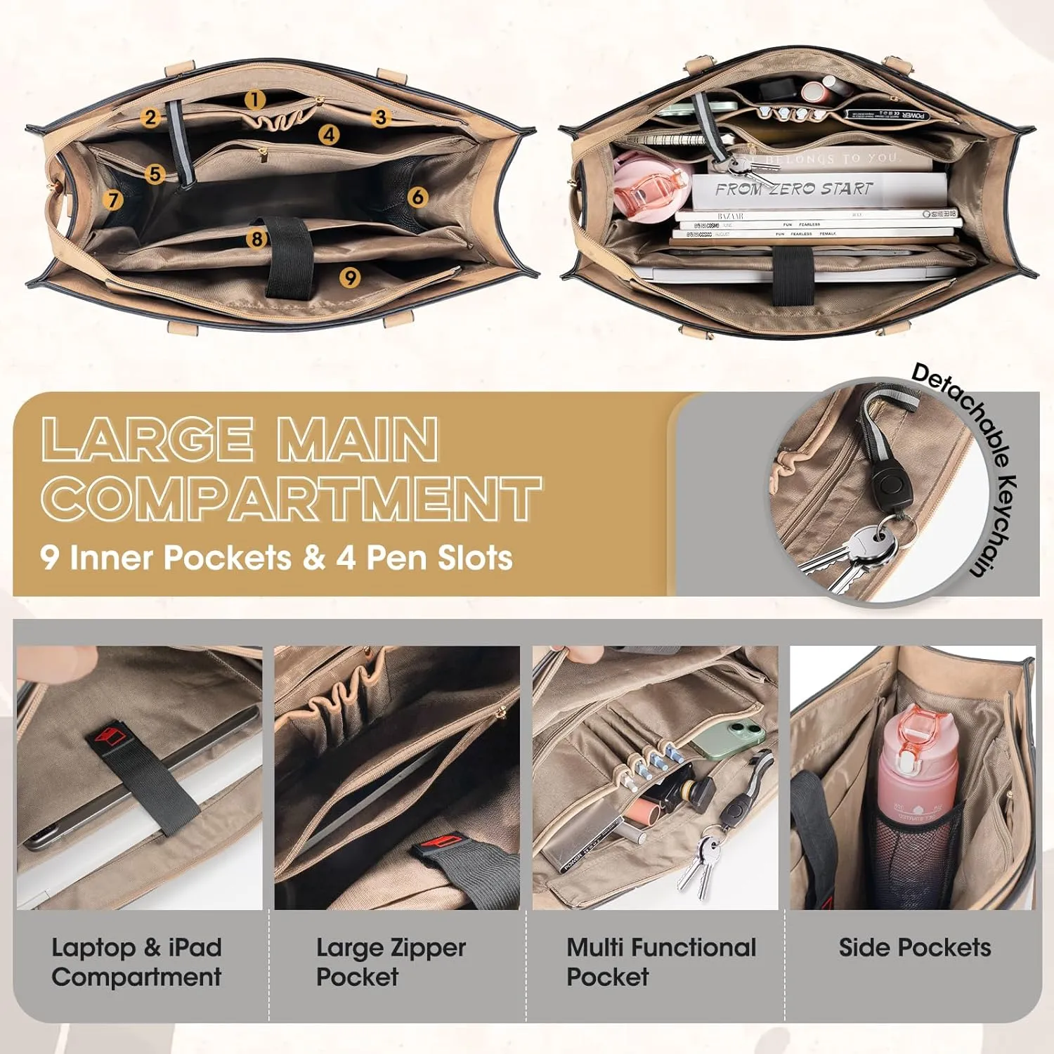 NEWHEY Laptop Bag for Women 15.6 Inch Work Tote Bags Leather Computer Bag with Clutch Purse Professional Office Briefcase Waterproof Shoulder Handbag for Business Travel College, Khaki