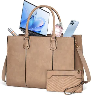 NEWHEY Laptop Bag for Women 15.6 Inch Work Tote Bags Leather Computer Bag with Clutch Purse Professional Office Briefcase Waterproof Shoulder Handbag for Business Travel College, Khaki