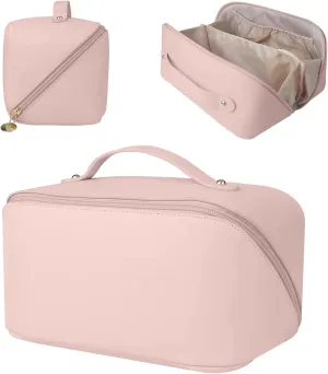 Niumike Large Capacity Travel Cosmetic Bags for Women - PU Leather Small Cute Makeup Bag Organizer Make Up Bags with Handle and Dividers Waterproof Portable Travel Toiletry Bag (Pink)
