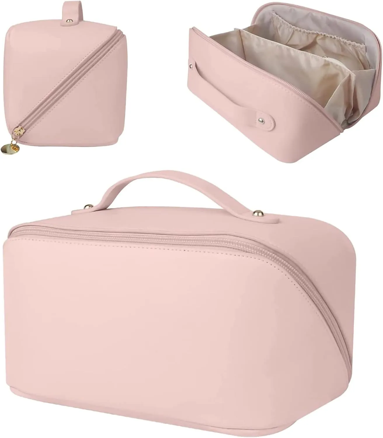 Niumike Large Capacity Travel Cosmetic Bags for Women - PU Leather Small Cute Makeup Bag Organizer Make Up Bags with Handle and Dividers Waterproof Portable Travel Toiletry Bag (Pink)