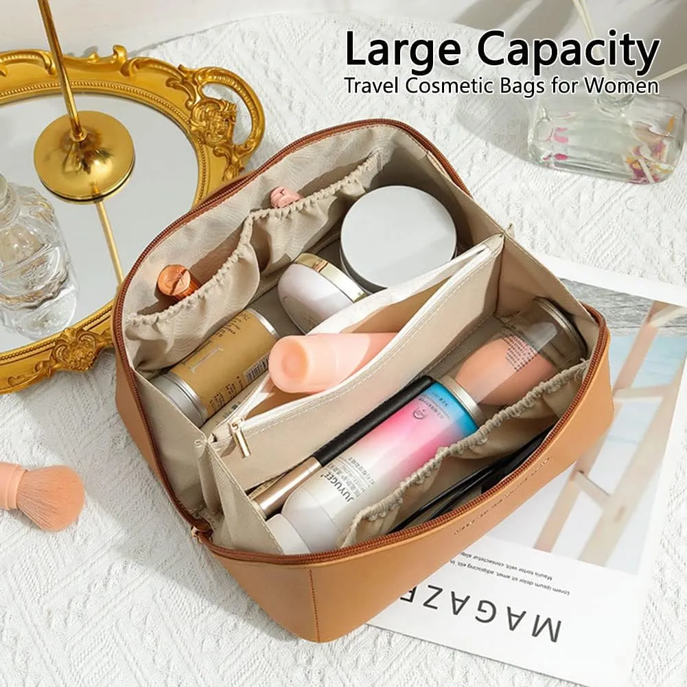 Niumike Large Capacity Travel Cosmetic Bags for Women - PU Leather Small Cute Makeup Bag Organizer Make Up Bags with Handle and Dividers Waterproof Portable Travel Toiletry Bag (Pink)